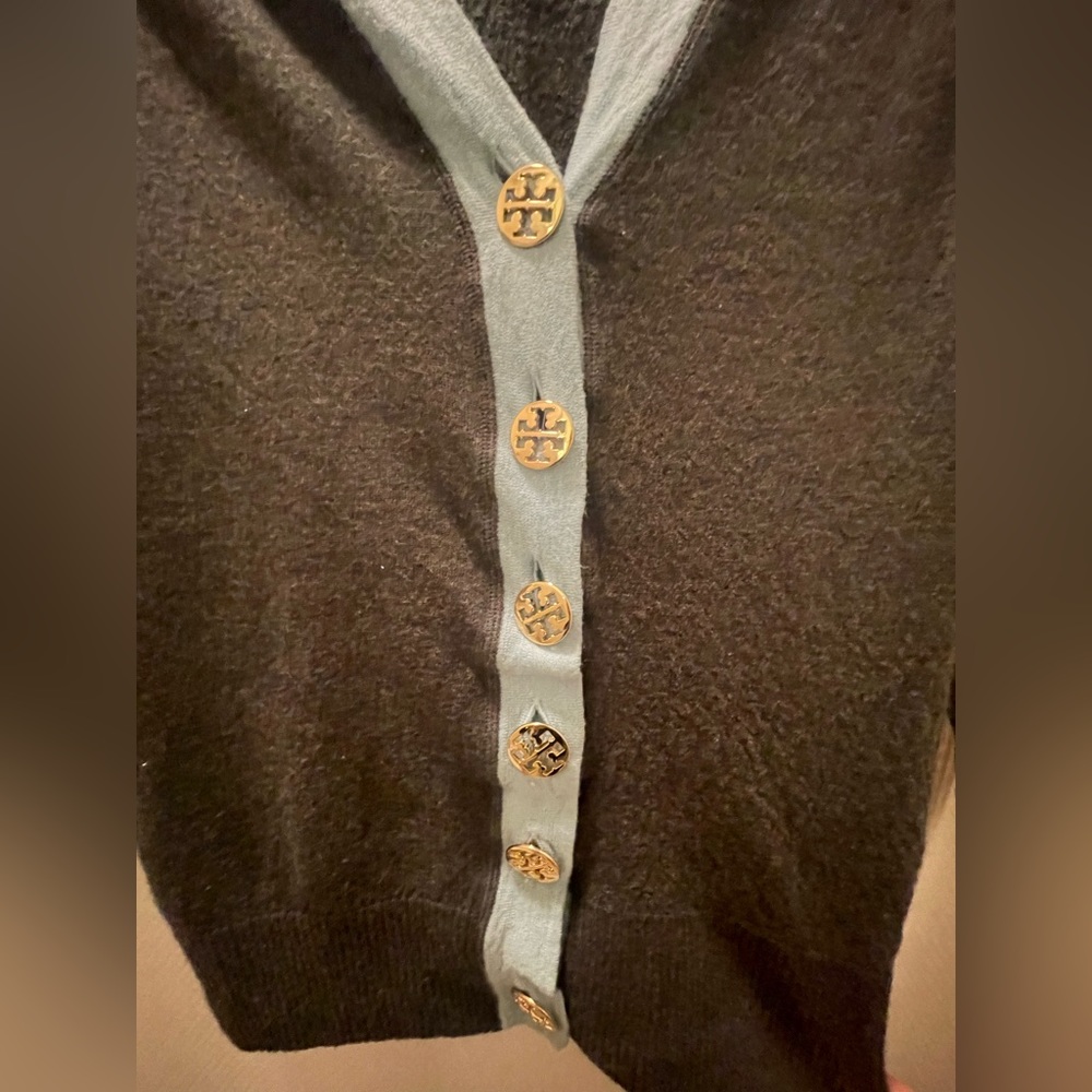 Tory Burch Sweater- Olive Green with light blue trim and logo buttons XS - Picture 4 of 5